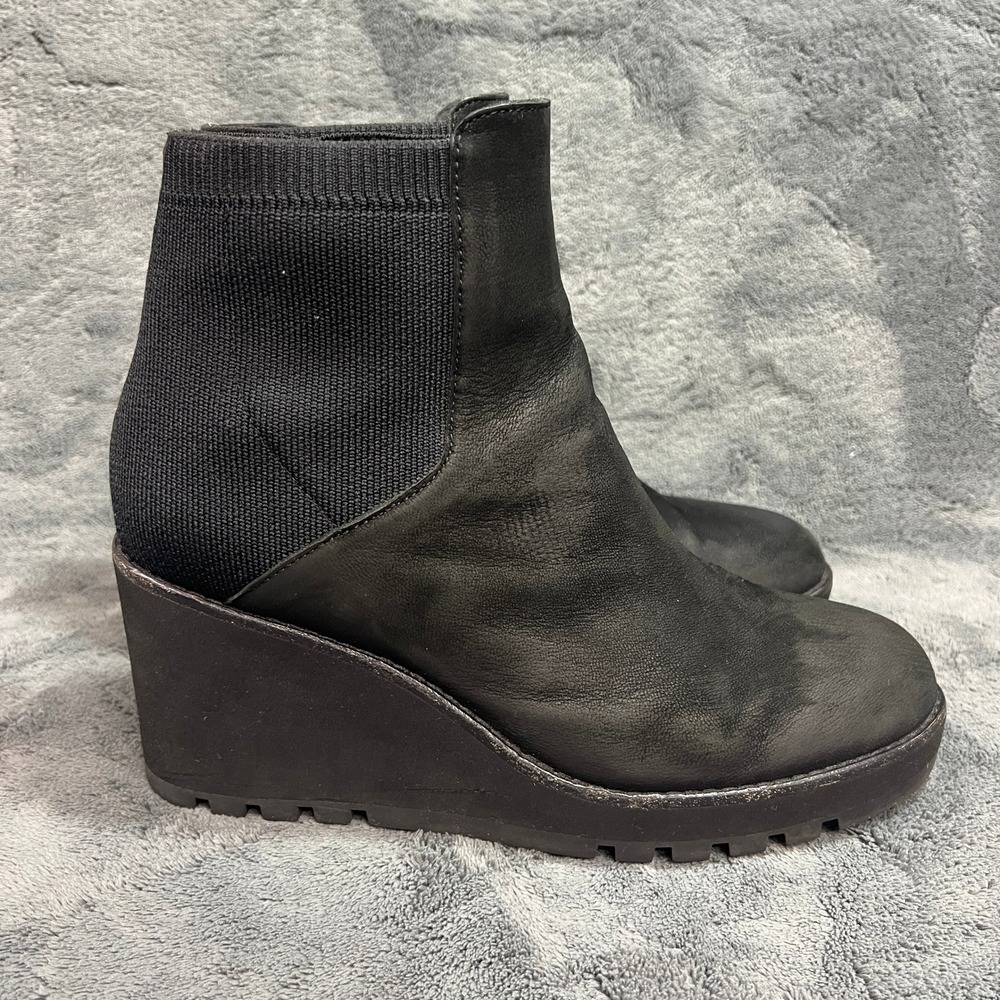 Eileen Fisher Black Leather Wedge Ankle Boots Stretch Knit Lug Sole 8.5 - Picture 4 of 12